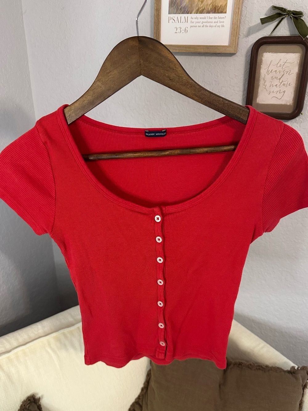 Brandy Melville Bright Red Ribbed Button Crop Top